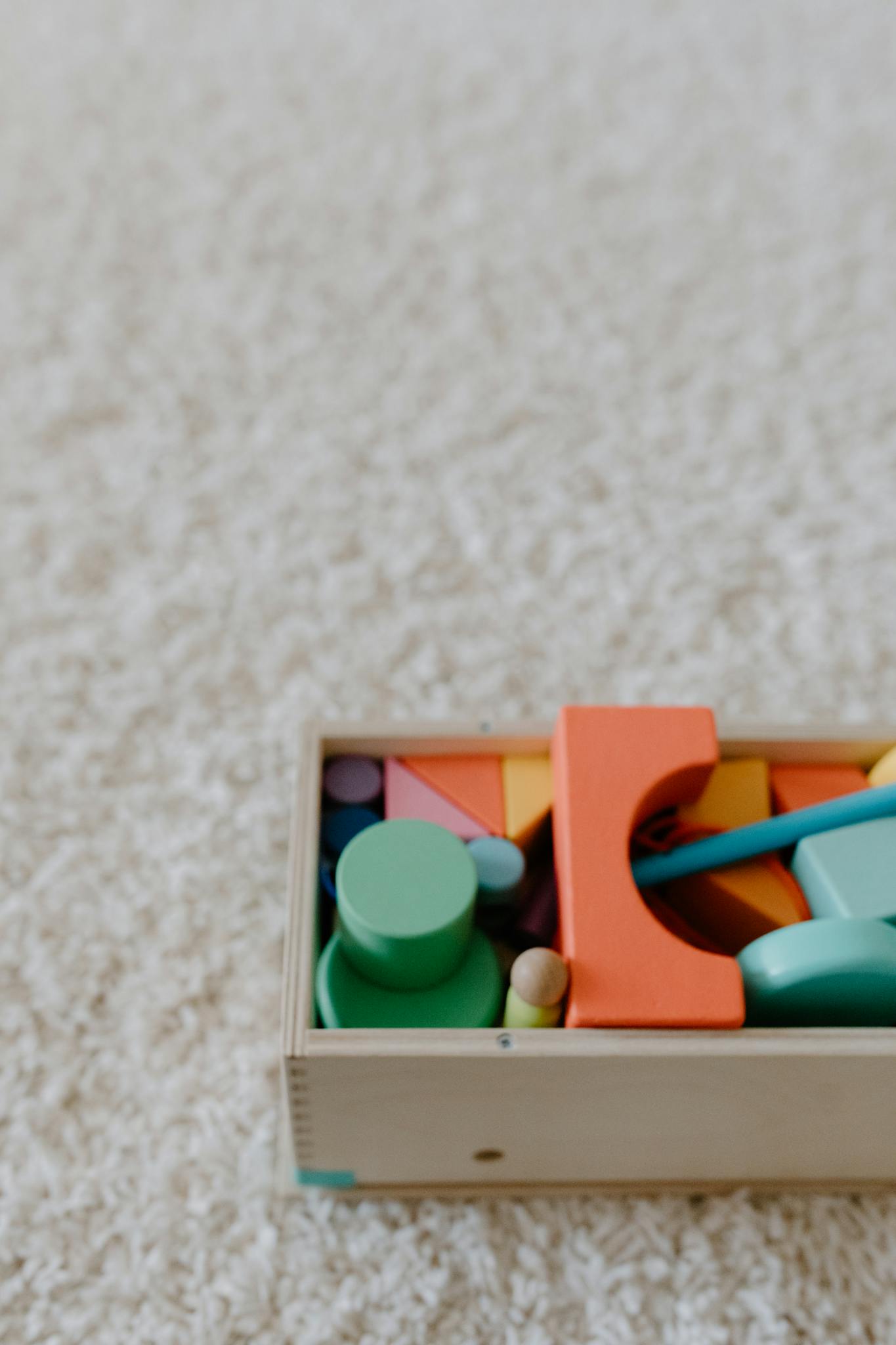 A collection of colorful wooden educational toys on a soft beige carpet.